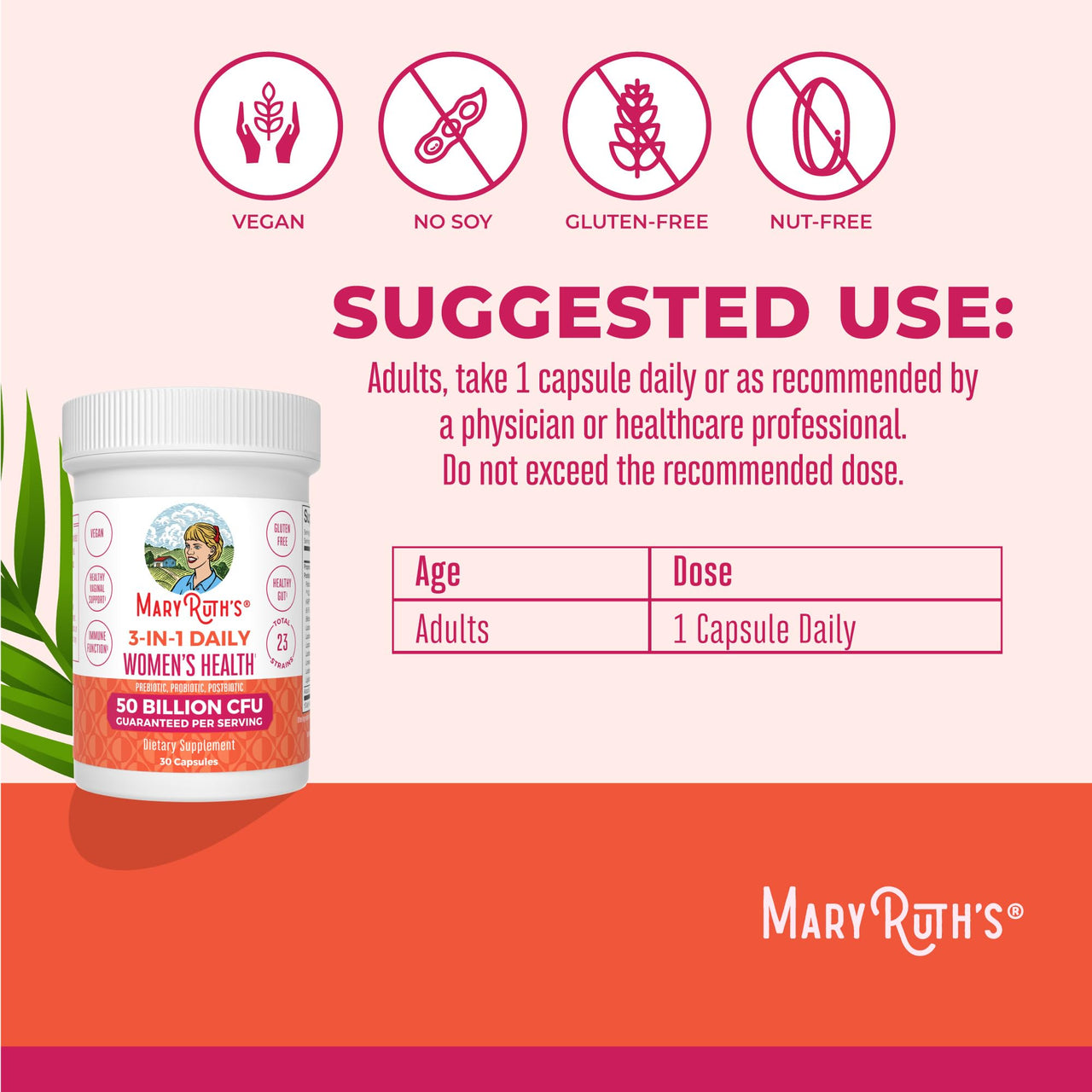 MaryRuth's 3-in-1 Daily Health Probiotics for Women | Hormone Support & Gut Health Supplement for Women | Women’s Probiotic | 50 Billion CFU | Vegan | 30 ct