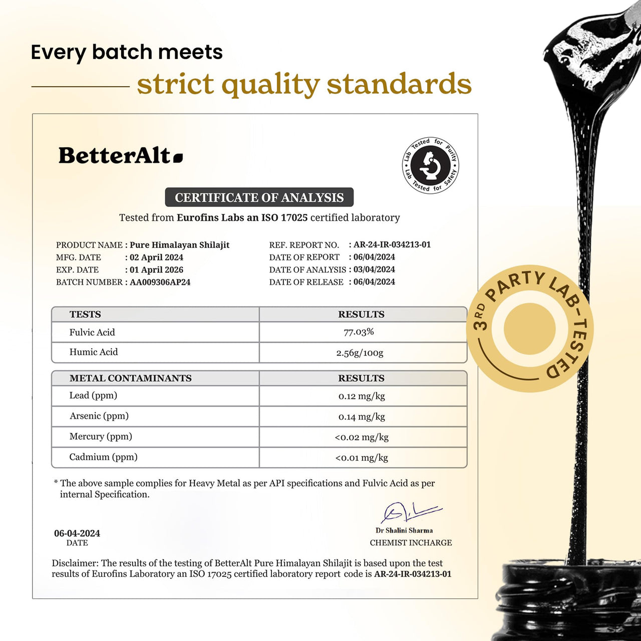 Better Alt Pure Himalayan Shilajit Resin Pack of 1 High Potency Gold Grade 75 Servings for Energy Boost & Immune Support, 85+ Trace Minerals, 75%+ Fulvic Acid, with Lab Test Report,400 mg
