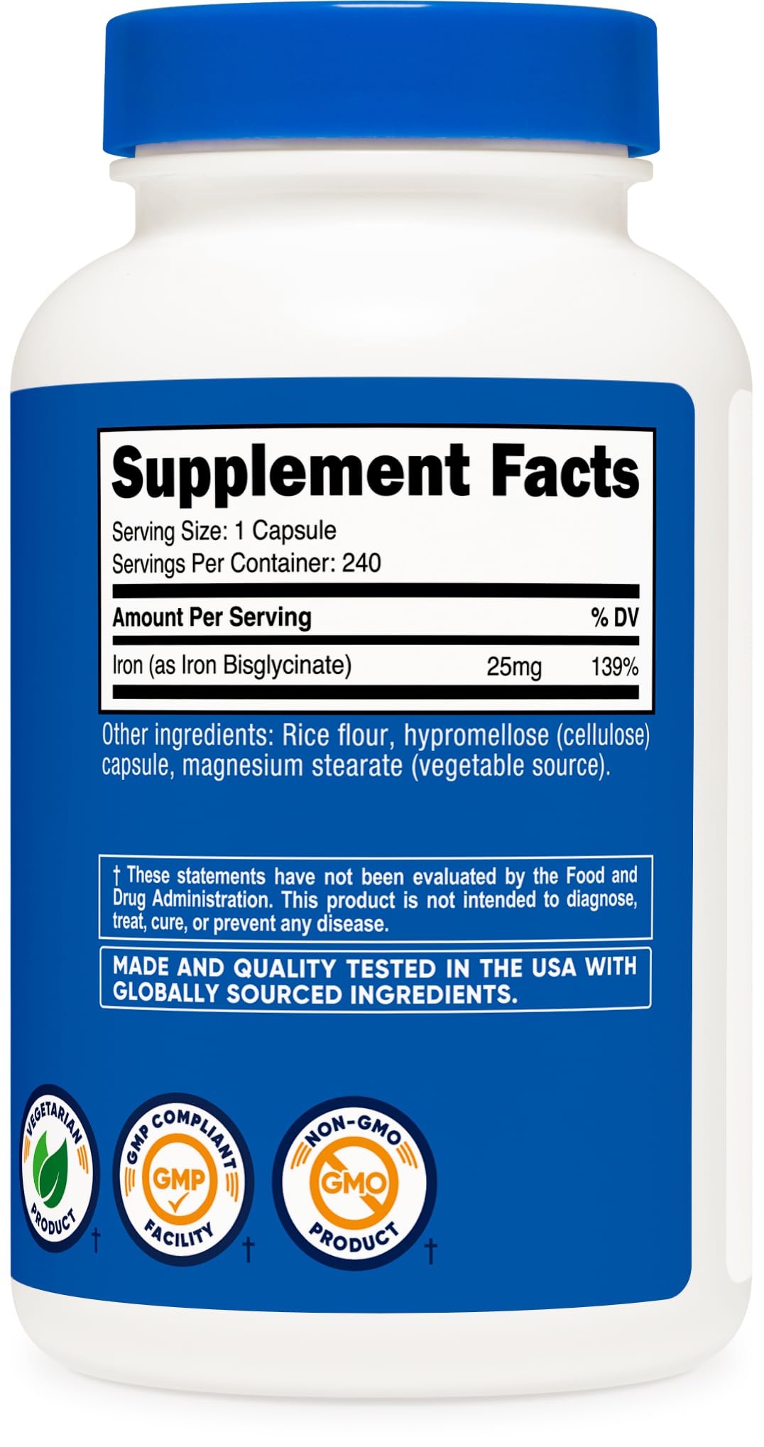 Nutricost Iron Bisglycinate Supplement (25mg) 240 Capsules - from Ferrous Bisglycinate Chelate - Non-GMO & Gluten-Free, Gentle Iron