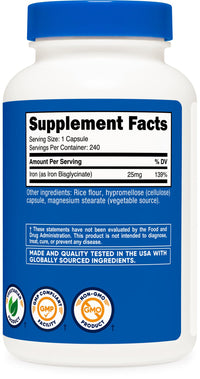 Thumbnail for Nutricost Iron Bisglycinate Supplement (25mg) 240 Capsules - from Ferrous Bisglycinate Chelate - Non-GMO & Gluten-Free, Gentle Iron