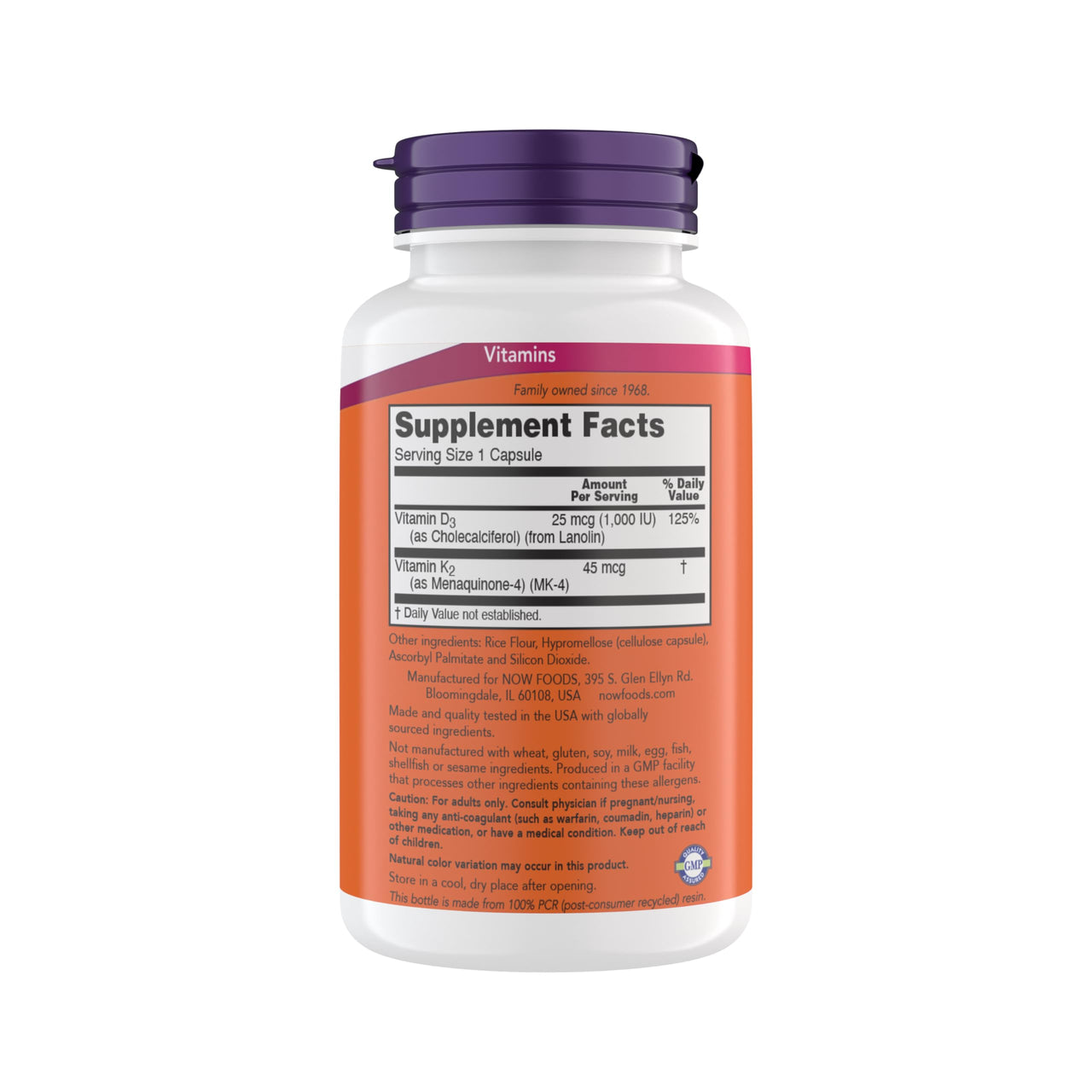 Now Supplements Vitamin D3 K2, 1,000 IU/45 mcg, Cardiovascular Support, Supports Bone Health, 180 Vegetarian Capsules - Vegan, Gluten Free, Kosher