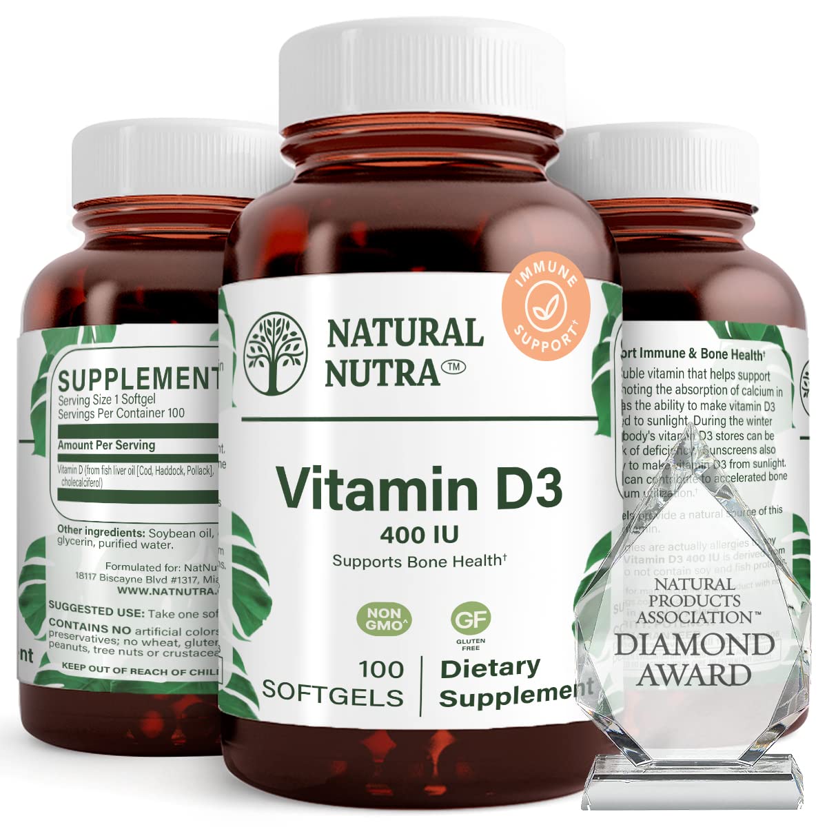 Natural Nutra 100 Vitamin D3 400 IU Softgels - VIT D Supports Immune Function, Bone & Teeth Health - Sunshine Vitamin D Formula for Cardiovascular & Lung Support - Gluten-Free Dietary Supplement