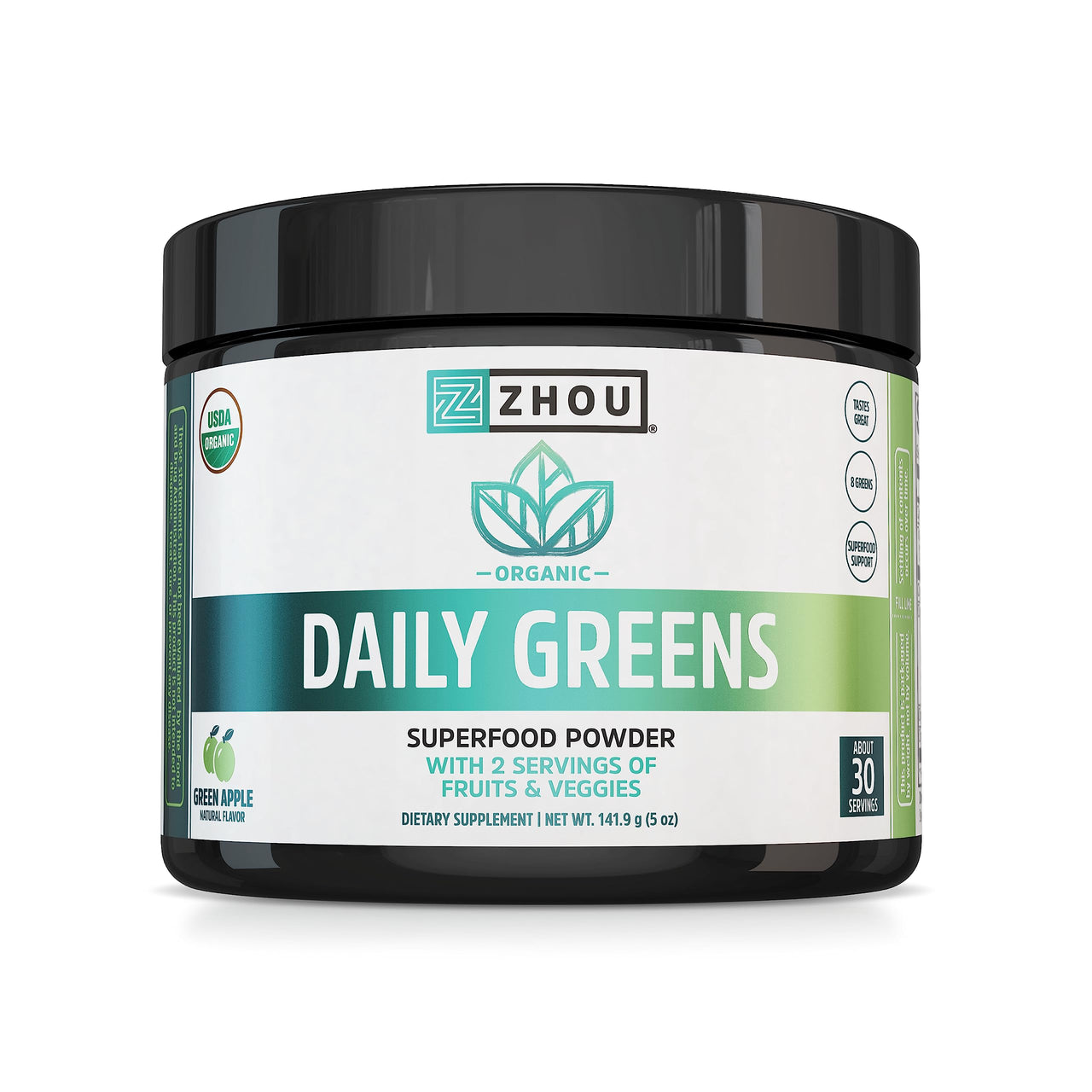 Zhou Organic Daily Greens Powder - Greens Superfood Powder for Juice, Smoothie, Super Food Drink Mix with Spirulina & Kale, Vegetables Supplement - Green Apple Flavor, 5 oz (30 Servings)