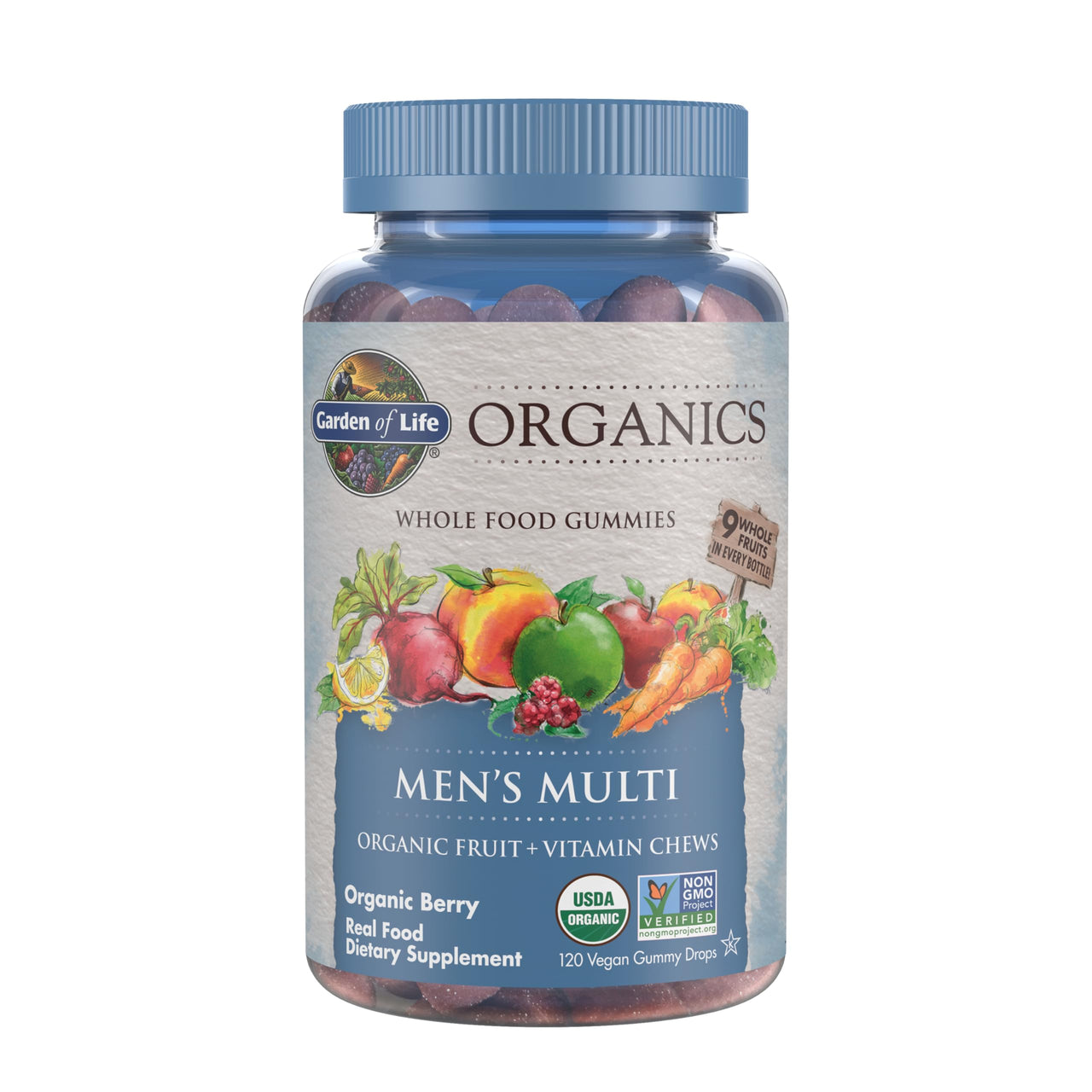 Garden of Life Organics Men's Gummy Vitamins - Berry - Certified Organic, Non-GMO, Vegan, Kosher Complete Multi - Methyl B12, C & D3 - Gluten, Soy & Dairy Free, 120 Real Fruit Chew Gummies