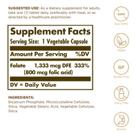 Thumbnail for Solgar Folate 1,333 mcg DFE (Folic Acid 800 mcg) - 250 Tablets, Pack of 2 - Prenatal Support - Non-GMO, Vegan, Gluten Free, Dairy Free, Kosher, Halal - 500 Total Servings
