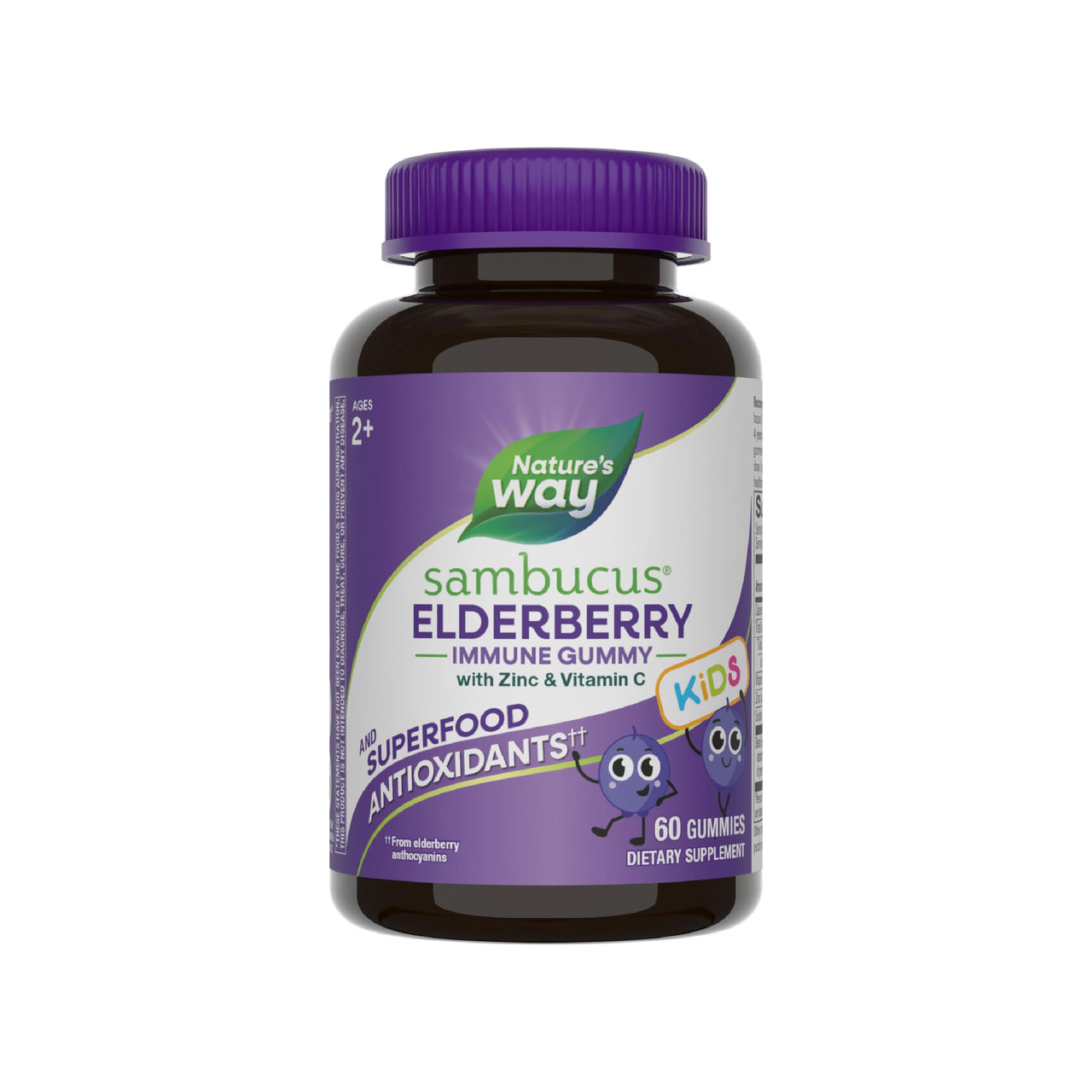 Nature’s Way Sambucus Kids Elderberry Immune Gummies with Black Elderberry Extract, Daily Immune Support Gummy with Vitamin C and Zinc for Children Ages 2+*, 60 Gummies