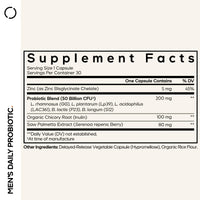 Thumbnail for Codeage Men’s Daily Probiotic Supplement - 50 Billion CFU Probiotic Blend with Zinc, Inulin Prebiotic, Saw Palmetto – Men’s Wellness Support – 1 Capsule Per Serving - Non-GMO – 30 Capsules