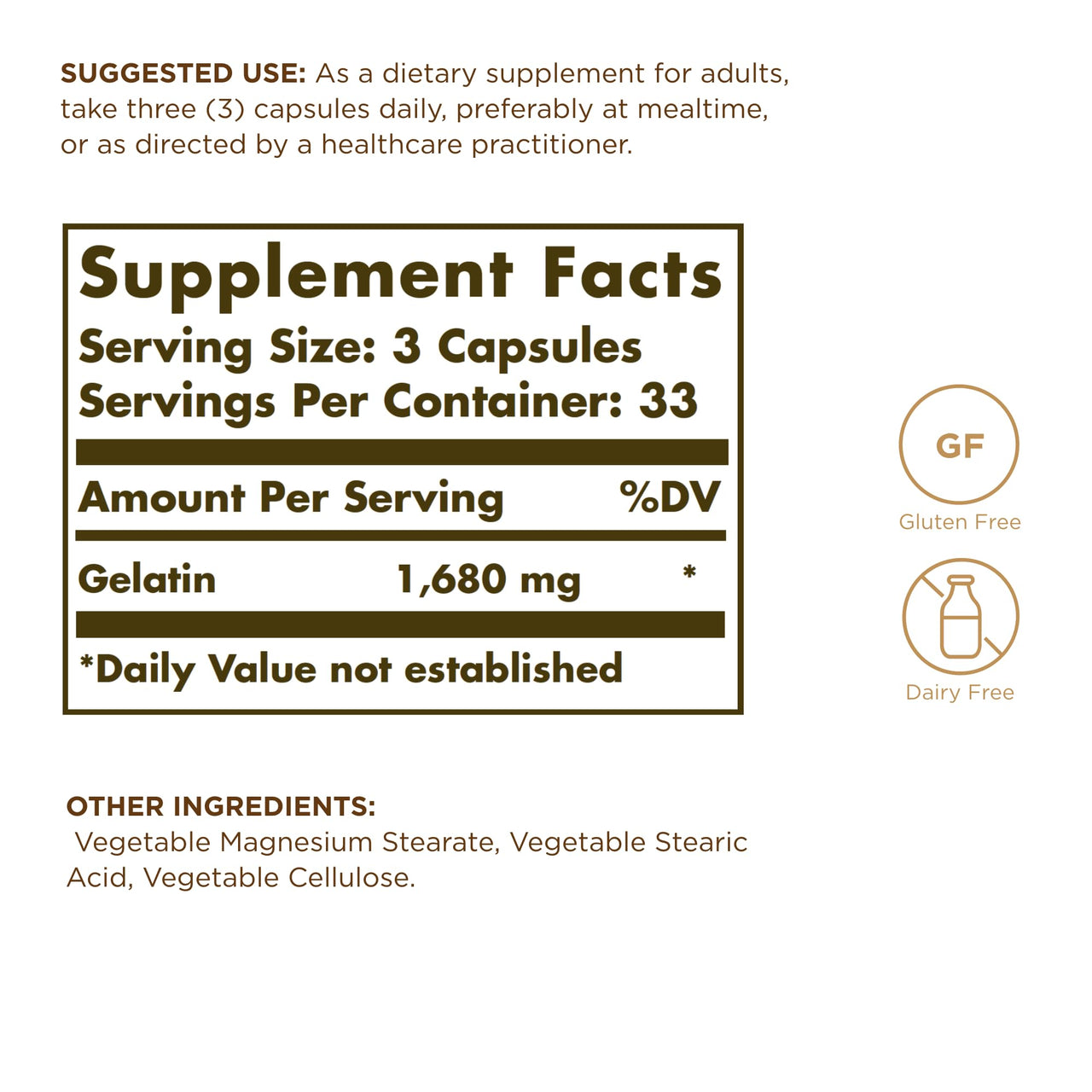 Solgar Gelatin 1680 mg, 100 Capsules - Natural Gelatin - Supports Bone, Joint & Skin Health - Gluten Free, Dairy Free - 33 Servings