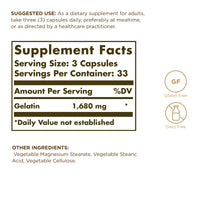 Thumbnail for Solgar Gelatin 1680 mg, 100 Capsules - Natural Gelatin - Supports Bone, Joint & Skin Health - Gluten Free, Dairy Free - 33 Servings