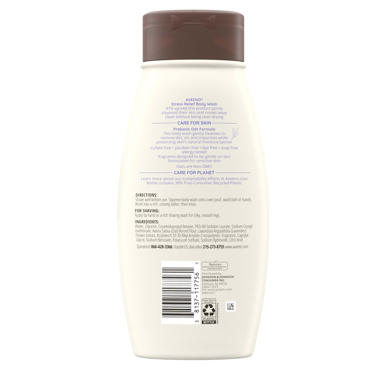 Aveeno Stress Relief Body Wash with Nourishing Oat & Lavender Scent for Sensitive Skin, Gently Cleanses & Helps You Feel Calm & Relaxed in the Shower, Soap-Free, Twin Pack, 2 x 18 fl. oz