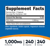 Thumbnail for Nutricost Citric Acid 1000mg (1 gram), 240 Capsules - Gluten Free, Non-GMO
