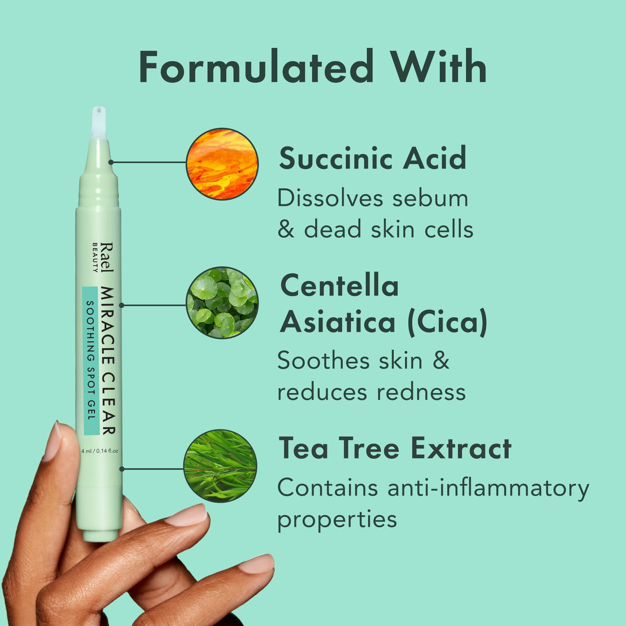 Rael Miracle Clear Spot Gel – Soothing Cream with Succinic Acid, Tea Tree, Calming Cica, Lightweight, Korean Skin Care (0.14 oz)