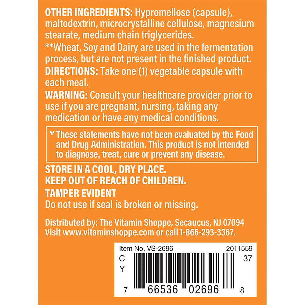 The Vitamin Shoppe Digestive Enzymes - Complete Multi-Enzyme Formula | Protein Fat Carb Digestion | 180 Vegetable Capsules | Plant-Based