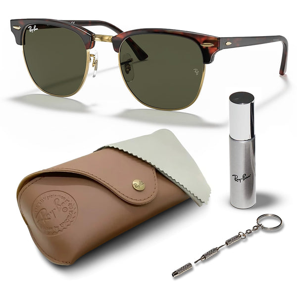 Ray-Ban RB3016 CLUBMASTER CLASSIC Square Shaped Non-Polarized Sunglasses for Men & Women – Includes Official RAYBAN Eyewear Kit – Ideal Formal & Casual Wear Sunglasses – G-15 Green Lens
