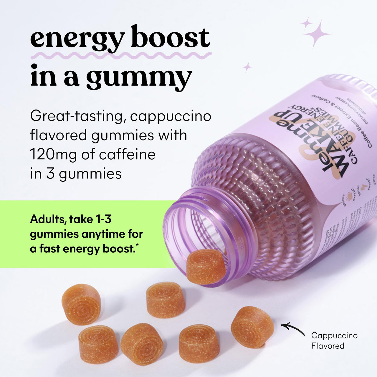 Lemme Wake Up Caffeine Energy Gummies, 80mg of Caffeine Per Serving, Coffee Bean Extract, Cappuccino Flavor, Vegetarian & Gluten Free, 1 Month Supply (60 ct)