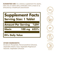 Thumbnail for Solgar Niacin (Vitamin B3) 100 mg - 100 Tablets - Supports Energy Metabolism - Non-GMO, Vegan, Gluten Free, Dairy Free, Kosher - 100 Servings