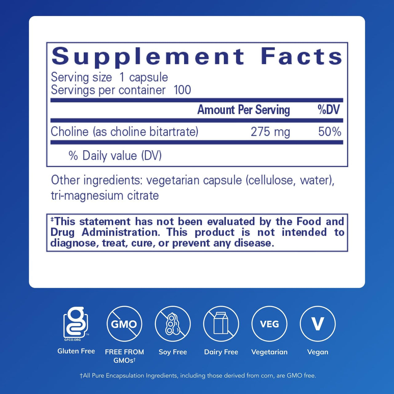 Pure Encapsulations Choline (Bitartrate) - 275 mg Choline (Bitartrate) - Supports Methylation, Brain Health & Cell Function* - Highly Bioavailable - Vegan & Non-GMO - 100 Capsules
