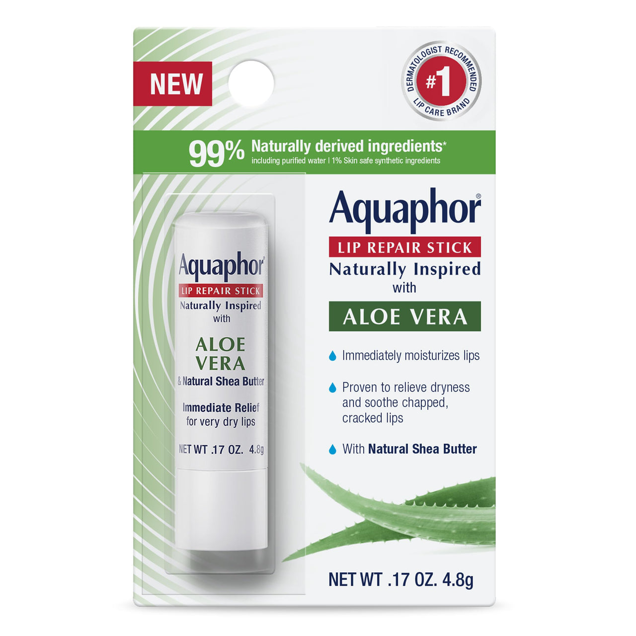 Aquaphor Naturally Inspired Lip Repair Stick with Aloe Vera and Natural Shea Butter, Hydrating Lip Balm Immediately Relieves Dryness, 0.17 Oz Stick