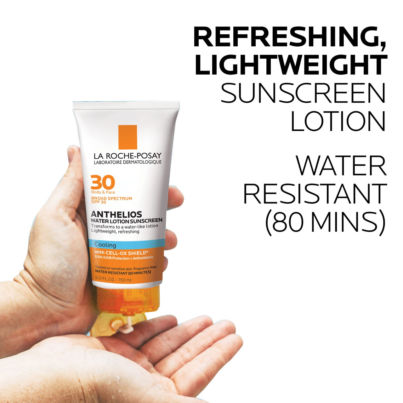 La Roche-Posay Anthelios Cooling Water Sunscreen Lotion, Water Based Sunscreen for Face & Body, Broad Spectrum SPF + Antioxidants, Fast Absorbing Water-Like Texture, Oil Free Sunscreen SPF 30