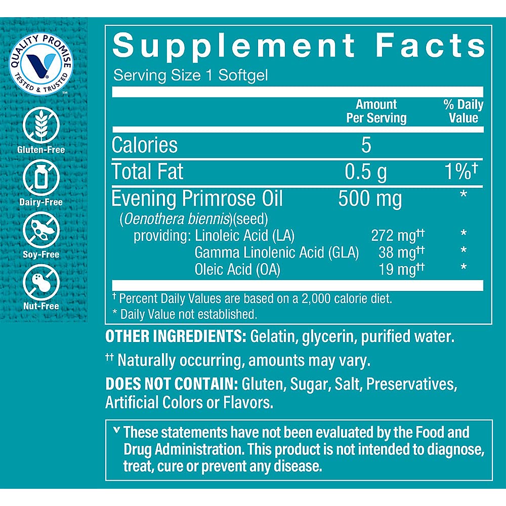 The Vitamin Shoppe Evening Primrose Oil 500MG, Natural Source of GLA (Gamma Linolenic Acid), Supplement for Women's Health Hormonal Balance (240 Softgels)