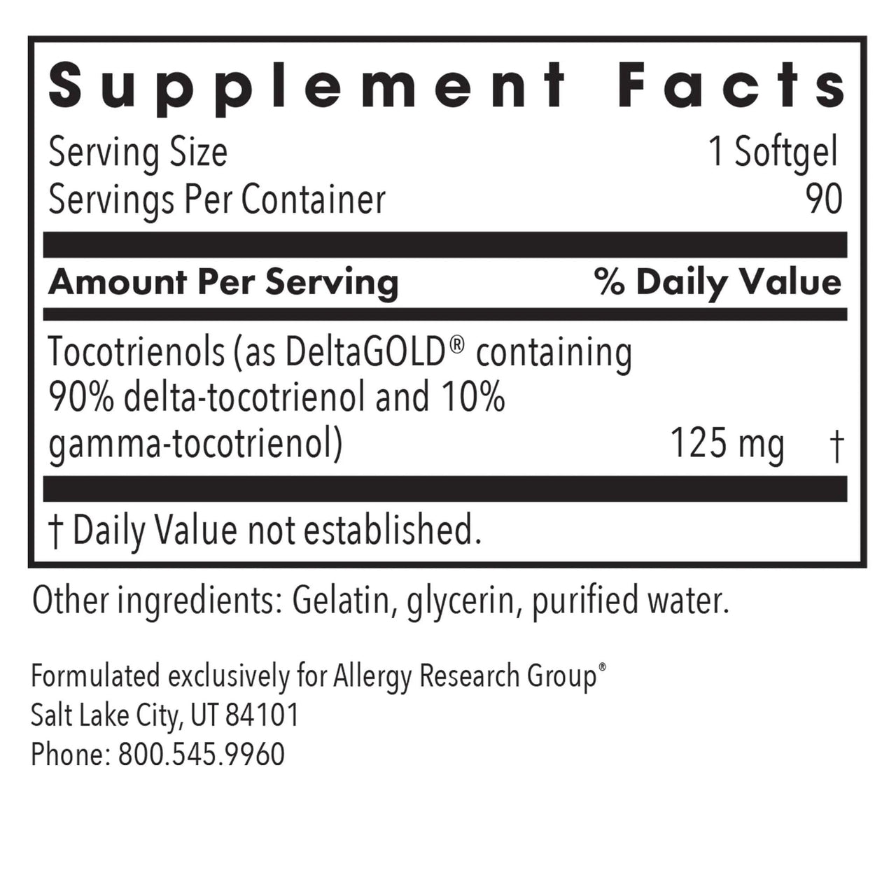 Allergy Research Group Delta-Fraction Tocotrienols Dietary Supplement - Vitamin E, Cardiovascular Health, Hypoallergenic, Softgels - 90 Count, 125 mg