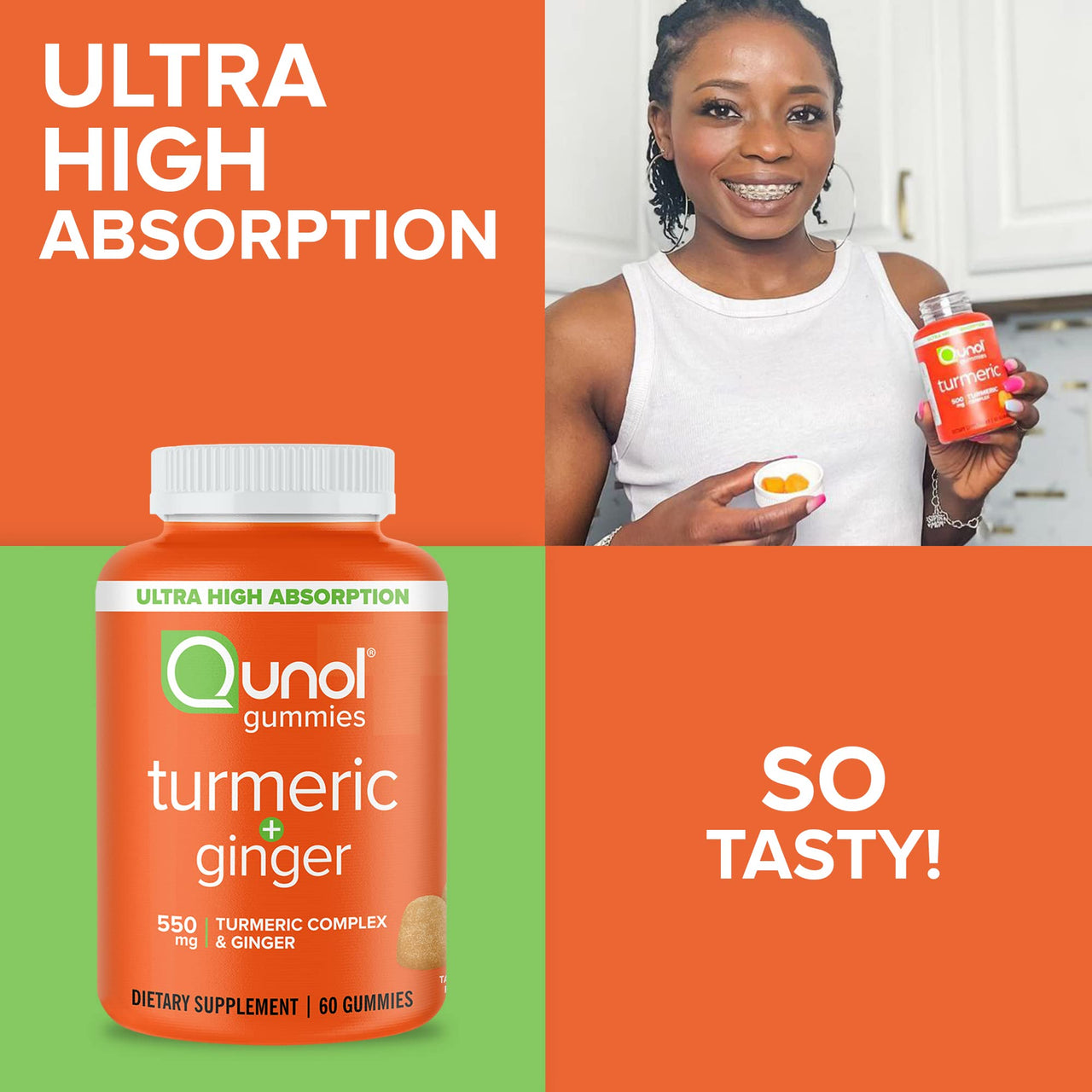 Qunol Turmeric and Ginger Gummies, Turmeric Curcumin Supplement + Ginger, Joint Support Gummy, Ultra High Absorption, Vegan, Gluten Free, 1 Month Supply, 60ct Gummies