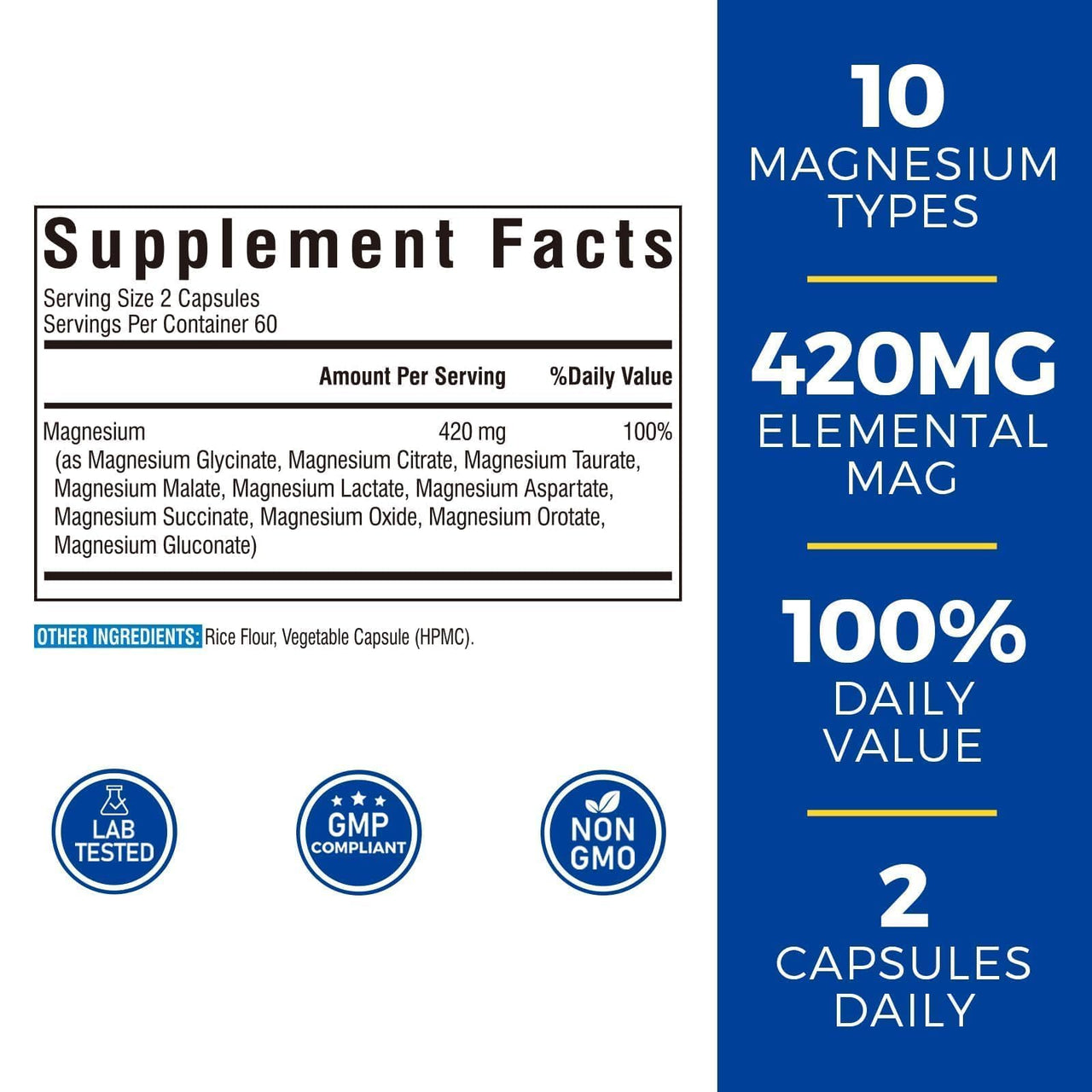 Vitalibre 10 in 1 Magnesium Complex, 420mg Elemental Magnesium | Ultra Strength, Max Absorption | Chelated Magnesium Supplement for Nerves, Bone & Heart Health | Non-GMO, 120 Vegan Capsules
