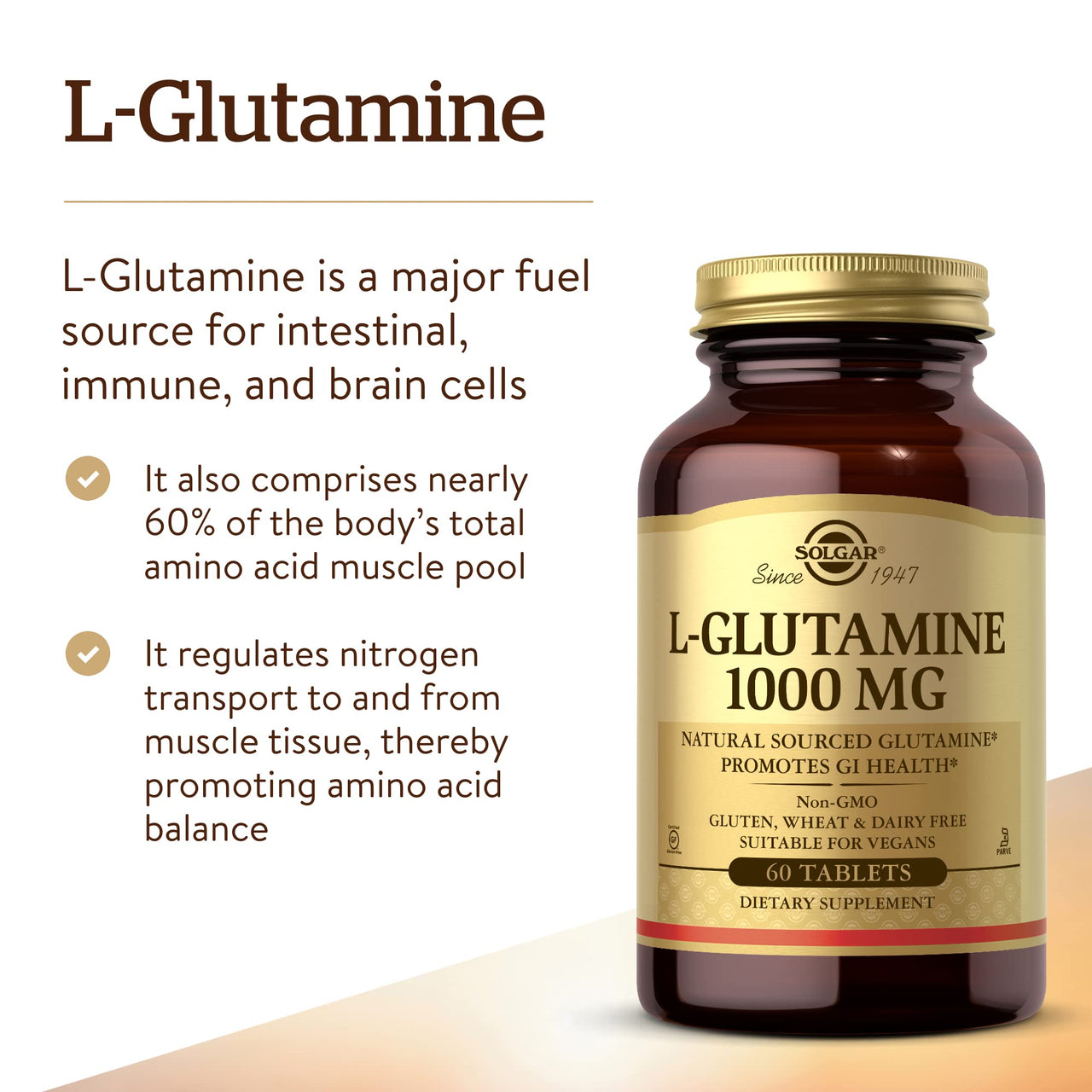 Solgar L-Glutamine 1000 mg, 60 Tablets - Natural Muscle Food - Promotes Gastrointestinal (GI) Health - Supports Brain Health - Non-GMO, Vegan, Gluten Free, Kosher - 30 Servings