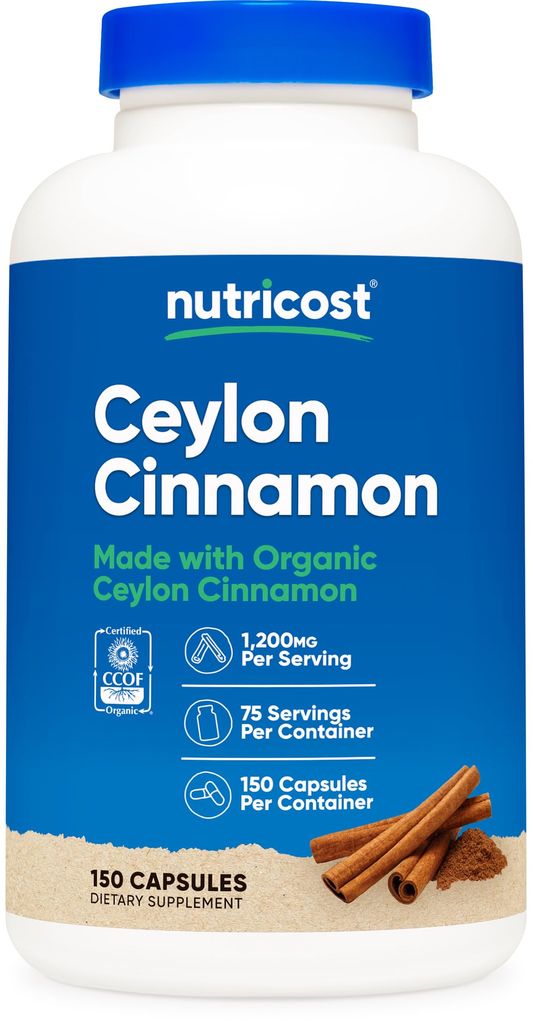 Nutricost Organic Cinnamon (Ceylon Cinnamon) 1,200mg Serving, 150 Capsules - Gluten Free, Non-GMO