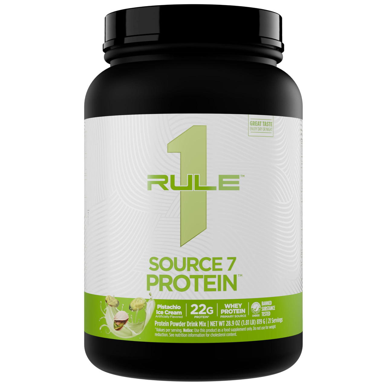 Rule 1 Proteins Source 7 Protein – Decadent Flavor, Velvety Smooth Texture, 22g Anytime Protein, and 10g Naturally Occurring EAAs Per Serving from 7 Premium Sources (1.8 Pounds, Pistachio Ice Cream)