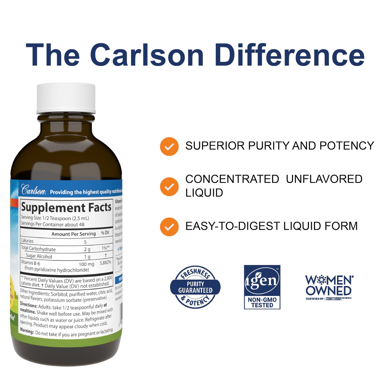 Carlson - B-6 Liquid, Vitamin B-6, Energy Production, Heart Health, Berry Lemonade Flavor, 120 mL (4 Fl Oz)