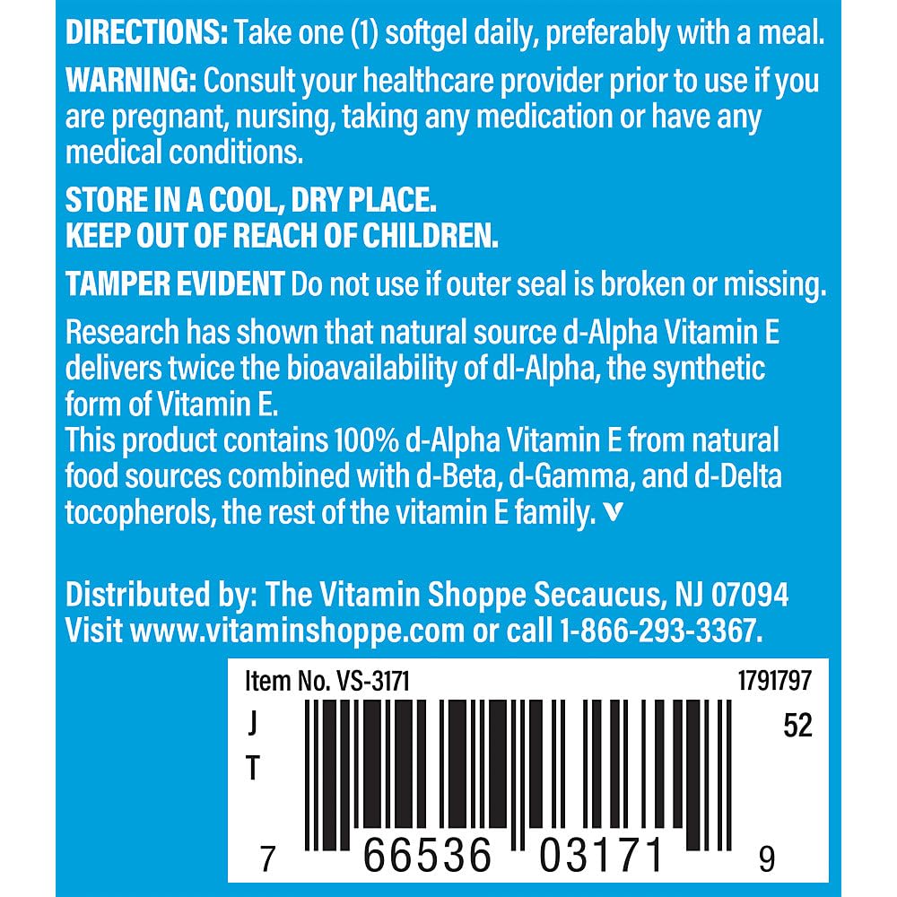 The Vitamin Shoppe Vitamin E 400IU - Antioxidant Support for Skin Health & Immune Function, Daily Vitamin (120 Softgels)
