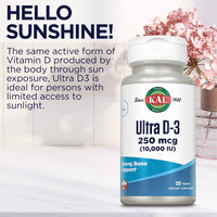 Thumbnail for KAL Ultra Vitamin D3 10000 IU 250 mcg, High Potency Vitamin D Tablets, Calcium Absorption, Bone Health and Immune Support Supplement, Rapid Disintegration D-3 ActivTabs, 120 Servings, 120 Tablets