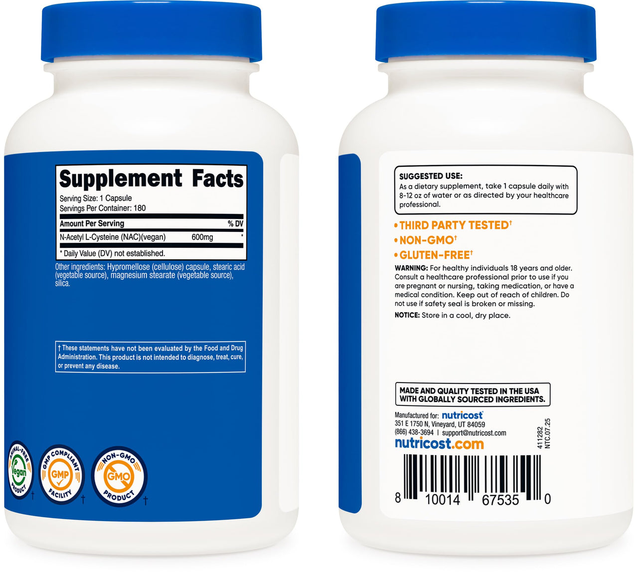 Nutricost N-Acetyl L-Cysteine (NAC) 600mg, 180 Capsules - Non-GMO, Gluten Free