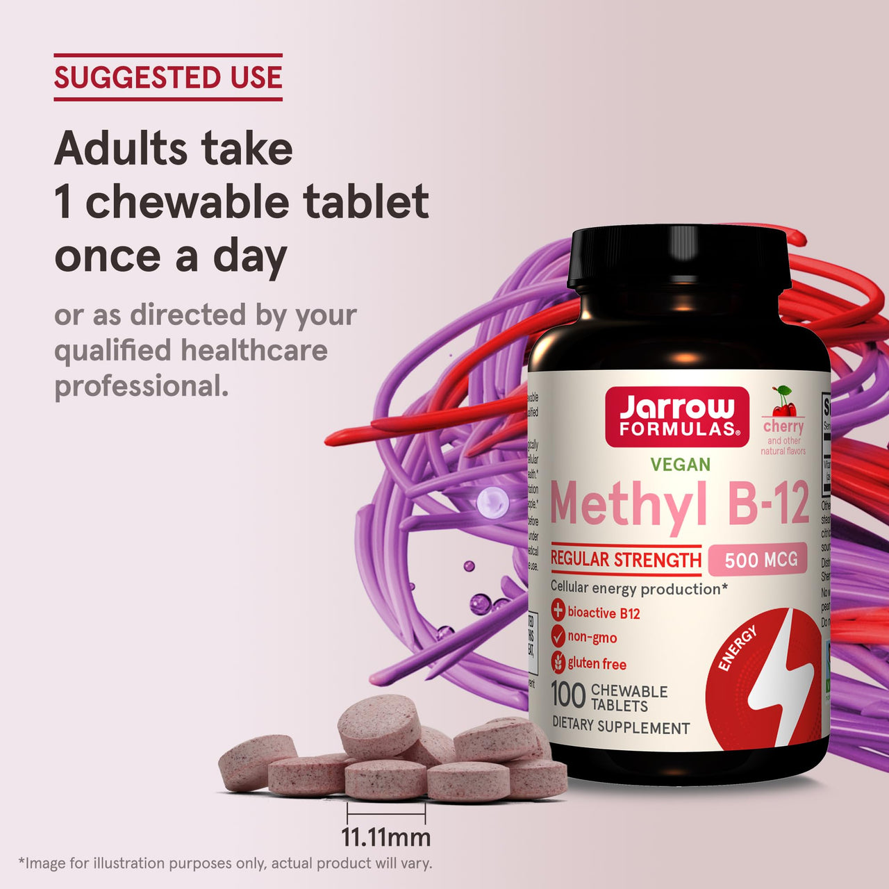 Jarrow Formulas® Methyl B-12 Tablets, 500 mg, Dietary Supplement for Cellular Energy Production and Brain Health Support, 100 Cherry Flavor Chewable Tablets, 100 Day Supply