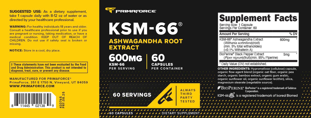 Primaforce KSM-66 Ashwagandha Root Extract (600mg) 60 Veggie Capsules - 5% Withanolides with BioPerine