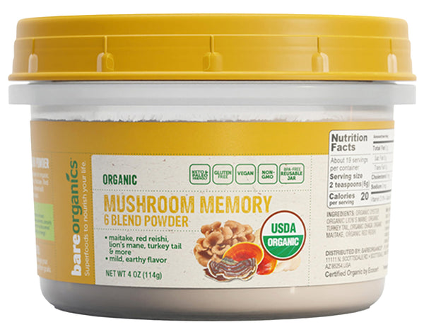BareOrganics Mushroom Memory Blend Powder â€“ Organic Superfood Mushroom Supplement with Lionâ€™s Mane, Reishi, Maitake & Turkey Tail, Vegan Adaptogenic Powder - 4 oz