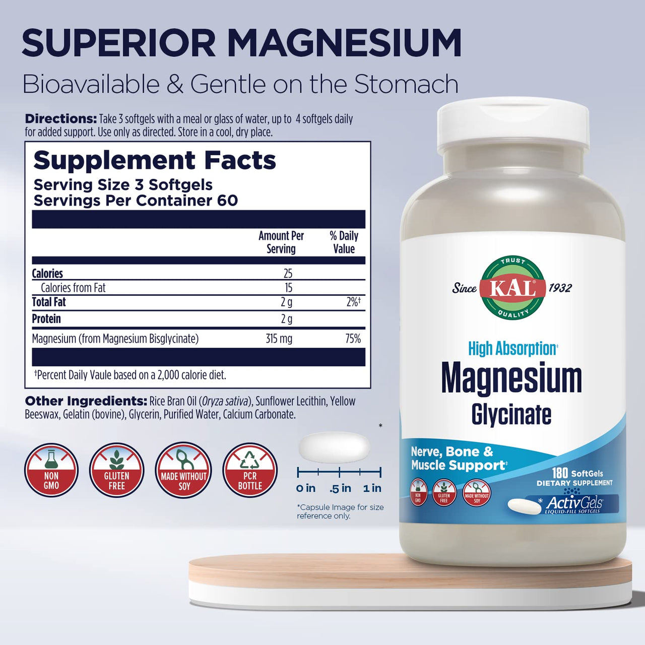 KAL Magnesium Glycinate ActivGels 315mg, Fully Chelated, High Absorption Magnesium Supplement for Relaxation, Muscle & Bone Support, Non-GMO, Gluten Free, 60 Servings, 180 Softgels