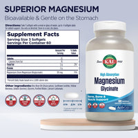 Thumbnail for KAL Magnesium Glycinate ActivGels 315mg, Fully Chelated, High Absorption Magnesium Supplement for Relaxation, Muscle & Bone Support, Non-GMO, Gluten Free, 60 Servings, 180 Softgels