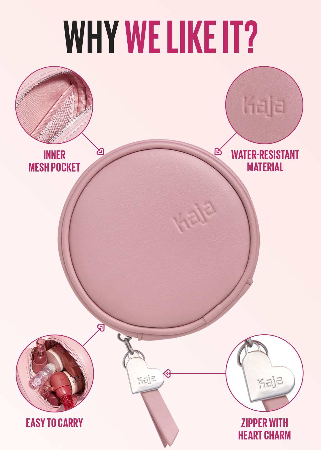 Kaja Makeup Pouch - Let's Go Bag | Multifunctional Makeup Round Bag for Women and Girls, Waterproof, Durable, Travel Friendly, Portable, Great Gifts Idea (Pink)