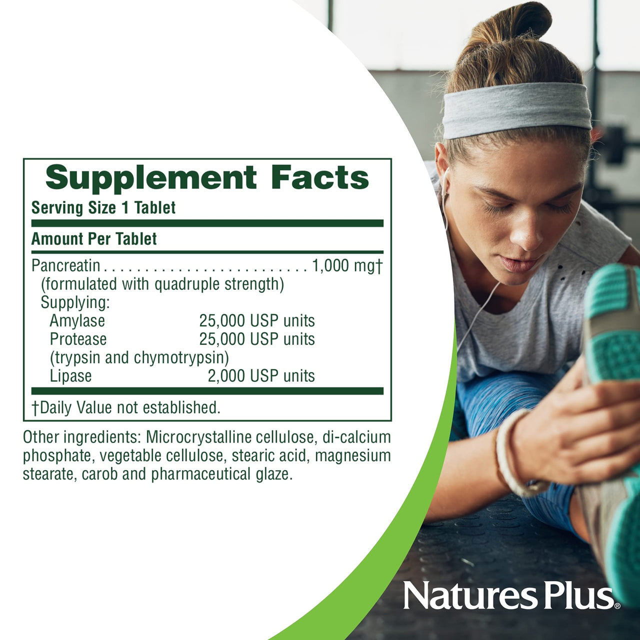 NaturesPlus Pancreatin - 1000 mg, 60 Tablets - Natural Digestive Enzyme Supplement for Gastrointestinal Support - Contains Amylase, Protease & Lipase - Gluten Free - 60 Servings