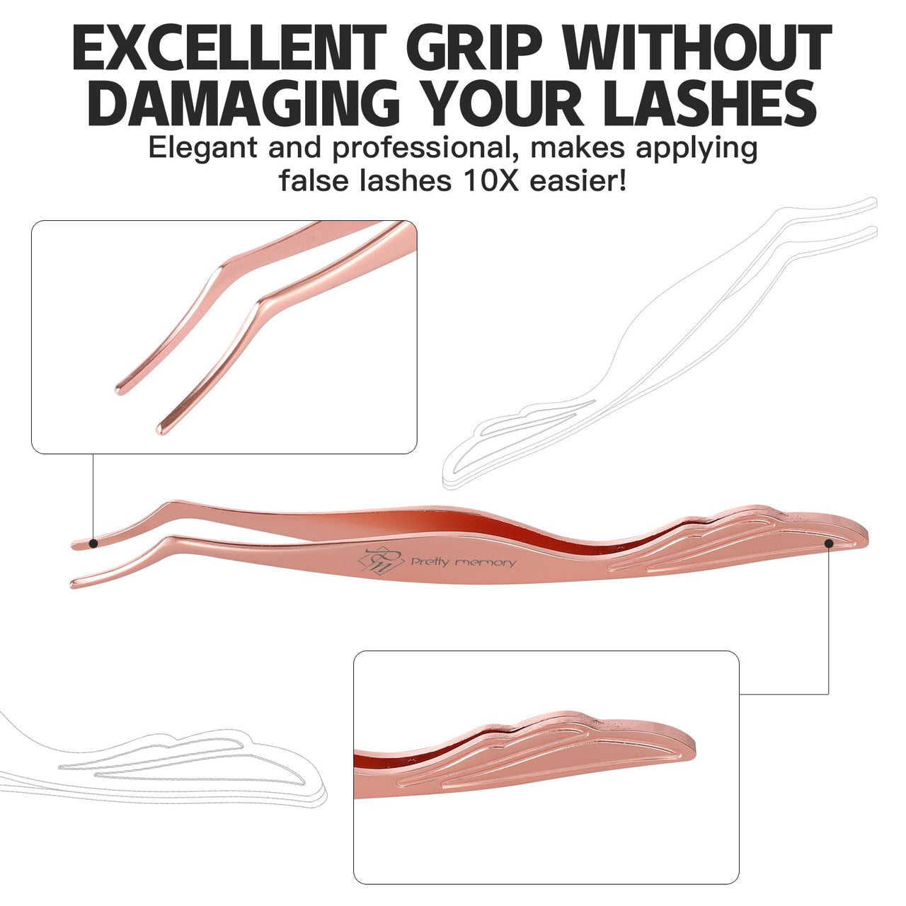 Pretty memory Eyelash Applicator Tool Stainless Steel Lash Tweezers Curved Eyelash Tweezers for Easy Lash Application and Removal, Rose Gold