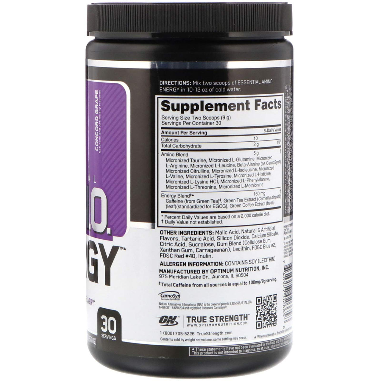 Optimum Nutrition, (2 Pack Essential Amin.O. Energy, Concord Grape, 9.5 oz (270 g)