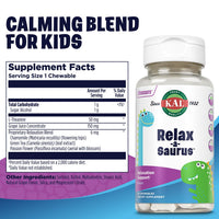 Thumbnail for KAL Relax-a-Saurus, Stress Support Supplement for Kids, L-Theanine for Children with Herbal Stress Relief & Relaxation & Blend, Delicious Natural Grape Flavor, 60-Day Guarantee, 30 Chewables