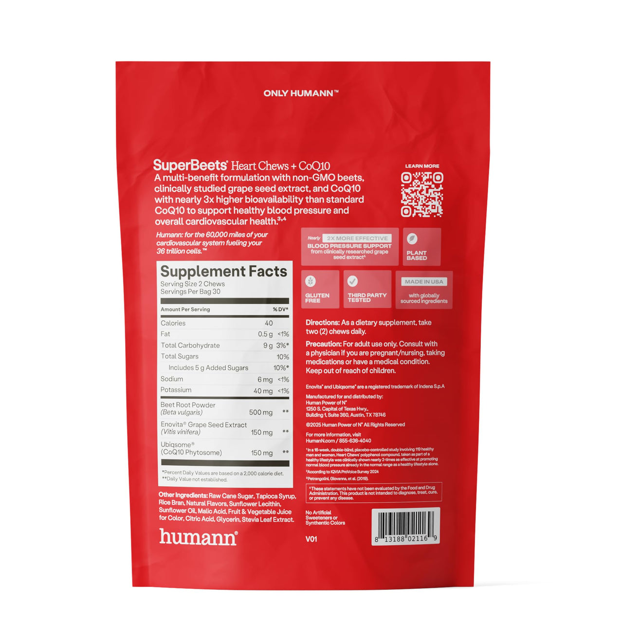 Humann SuperBeets Heart Chews + CoQ10-100mg of CoQ10 Plus Beetroot & Grape Seed Extract, Blood Pressure, Cellular Energy & Heart Health Support, 60 Count
