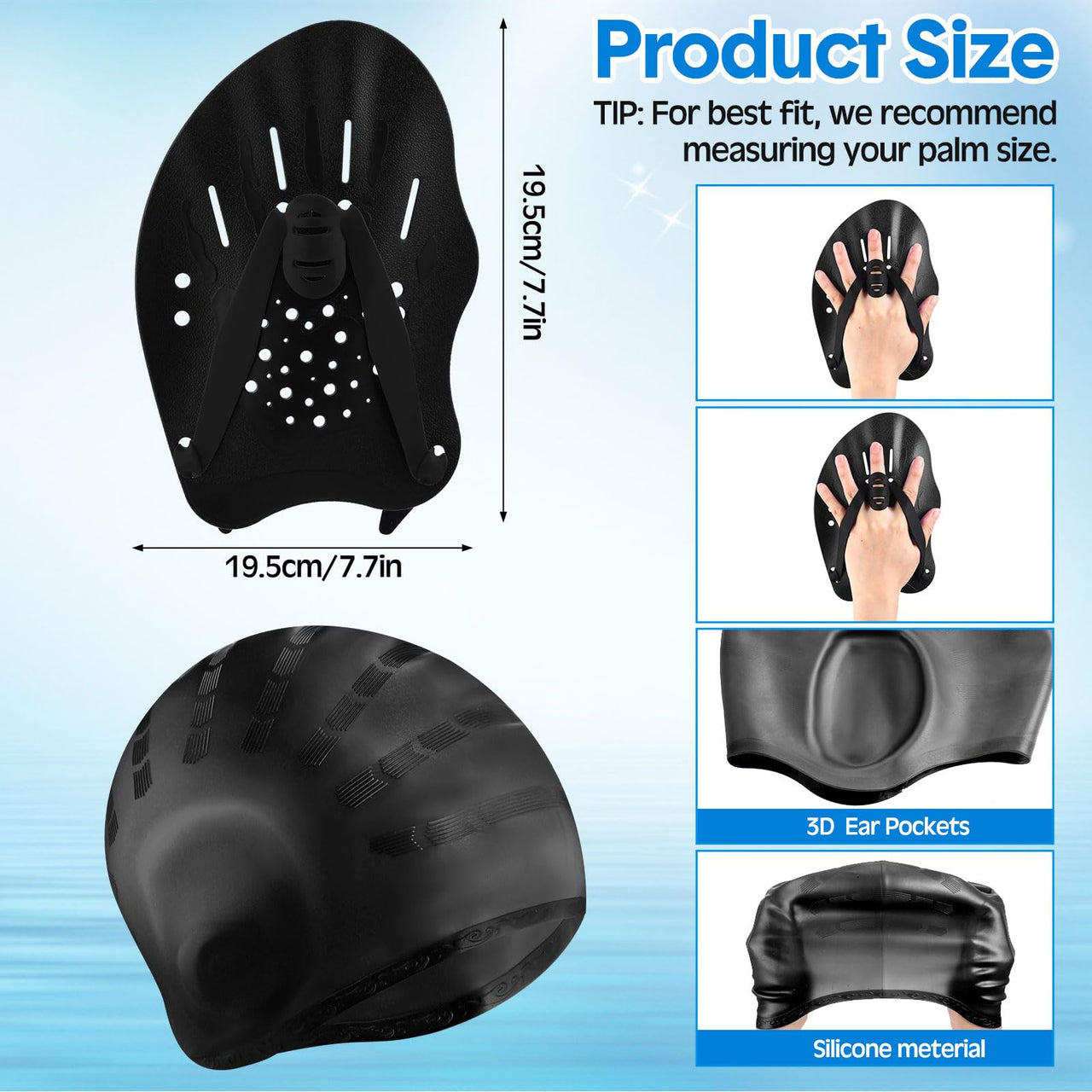 Foilswirl 8 Pcs Swimming Equipment Kit Anti Fog Swim Goggles Paddle Hand Cap Nose Cover Training Hand Paddles with Adjustable Straps for Lap Men Women(Black)