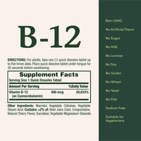Thumbnail for Nature's Bounty Vitamin B12, Supports Energy Metabolism and Nervous System Health, 500mcg, 100 Quick Dissolve Tablets