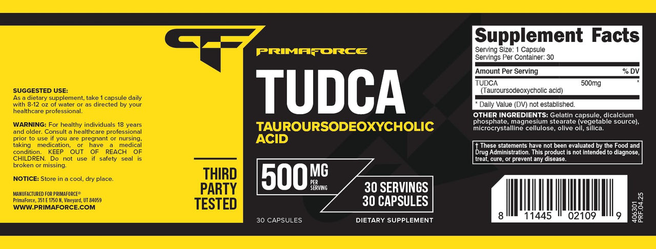 Primaforce TUDCA (Tauroursodeoxycholic Acid) 30 Servings, 500mg Tudca Per Serving | Premium Quality Bile Salts - Gluten Free, Non-GMO Supplement