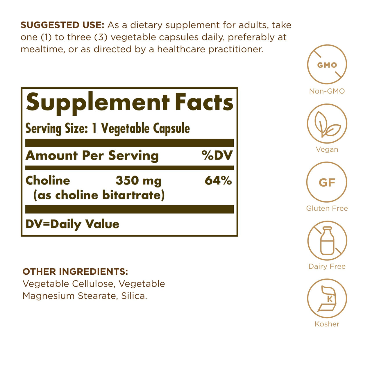 Solgar Choline 350 mg - 100 Vegetable Capsules - Non-GMO, Vegan, Kosher - 100 Servings
