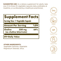 Thumbnail for Solgar Choline 350 mg - 100 Vegetable Capsules, Pack of 2 - Non-GMO, Vegan, Kosher - 200 Total Servings